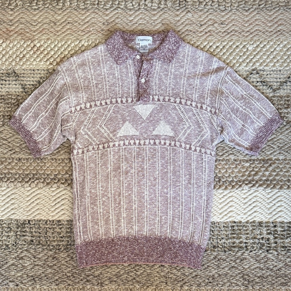 Vintage 70s Textured Weave Damon Men's Burgundy & White Yarn Knit Polo Shirt